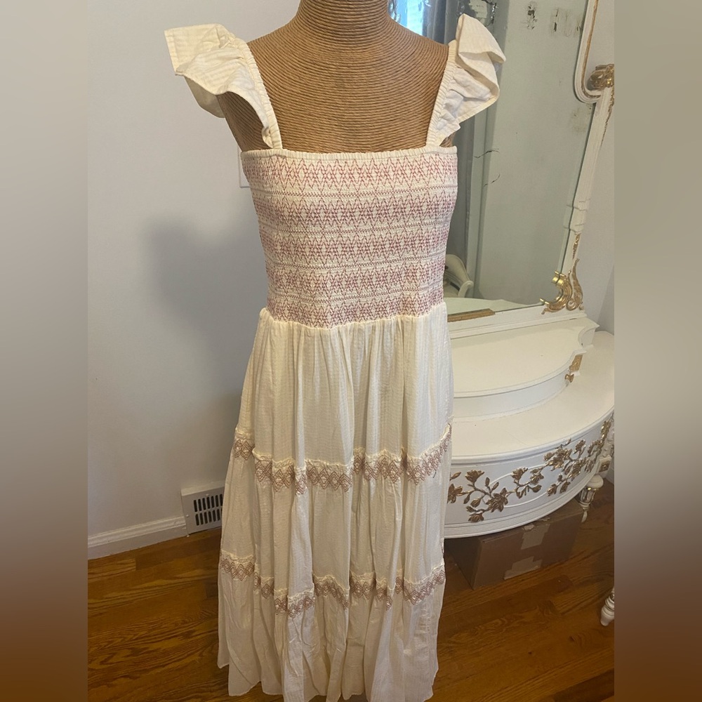 Madewell Pink and Cream Smocked Midi Dress